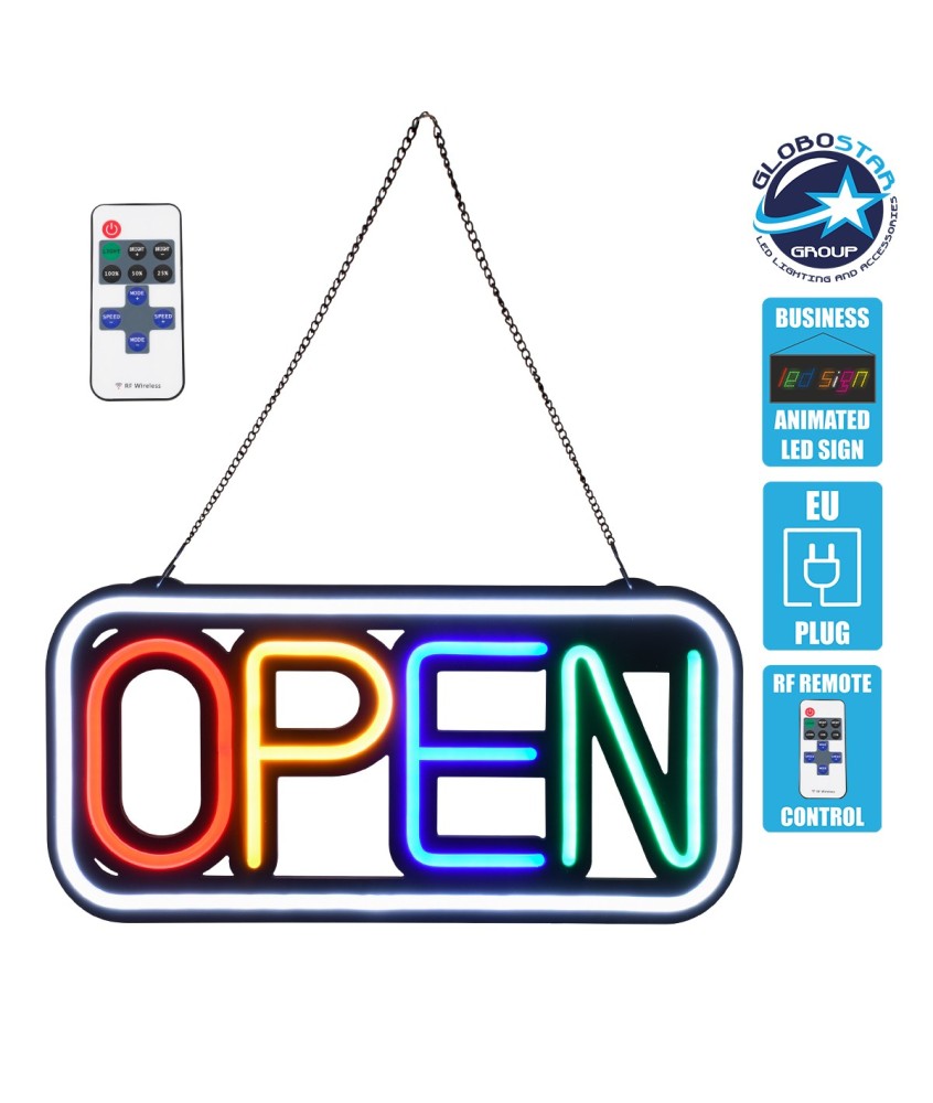 GloboStar® 85857 Φωτιστικό Ταμπέλα Φωτεινή Επιγραφή NEON LED Σήμανσης Animated Square OPEN 30W AC 230V με Διακόπτη On-Off και Ασύρματο Χειριστήριο IR Λευκό - Κόκκινο - Πράσινο - Κίτρινο - Γαλάζιο